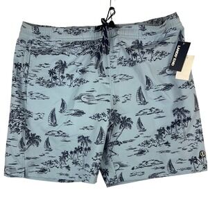 Lands End Mens XL Swim Trunks Blue Island Palm Tree Sailboat UPF 50 NWT M24